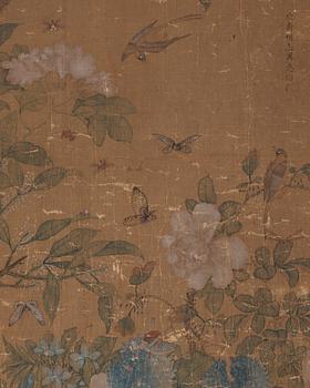 A painting with birds and butterflies in a flowering garden, Qing dynasty (1644-1912).