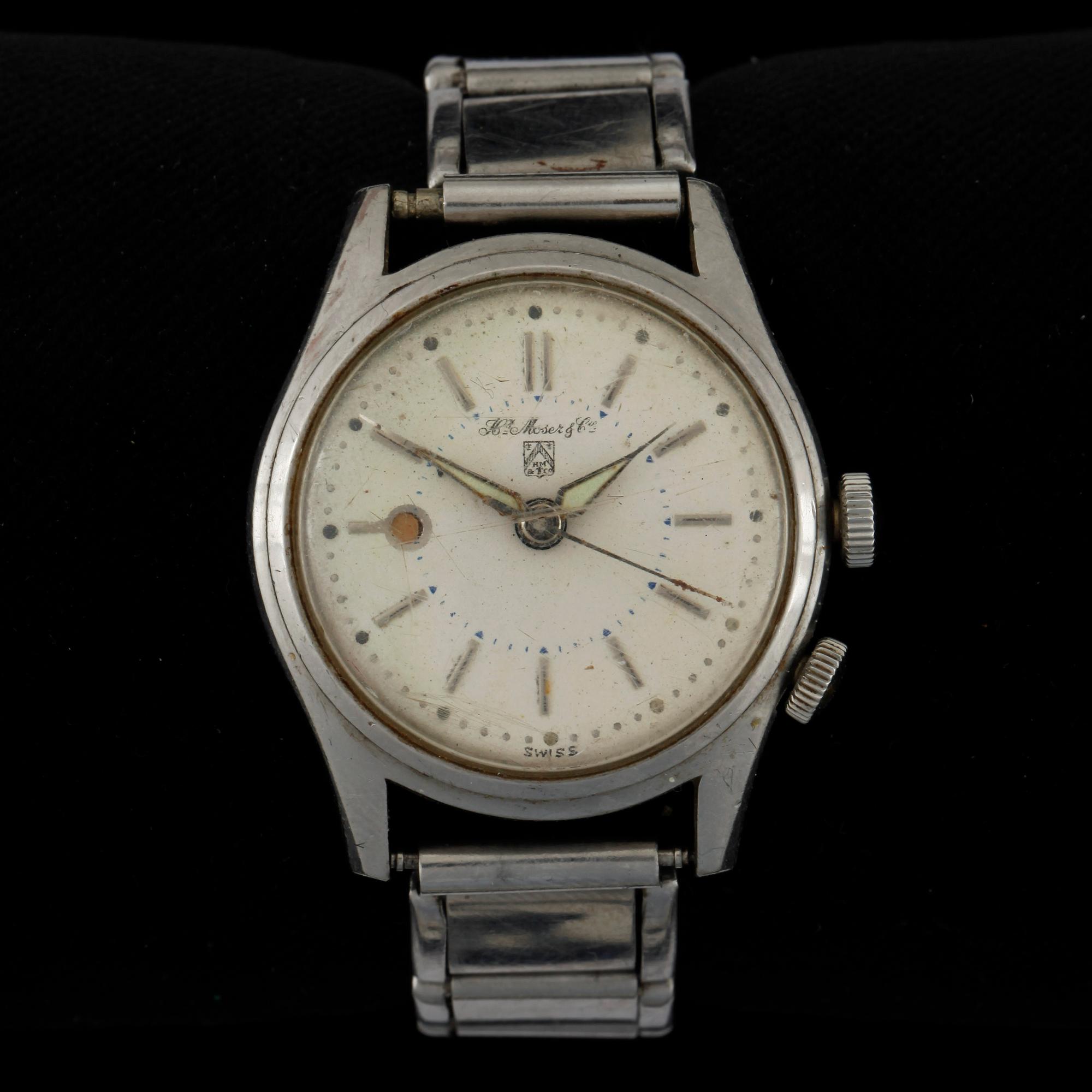 ARMBANDSUR, herr, stål, Hy. Moser & Cie, Alarm, 1950-tal.