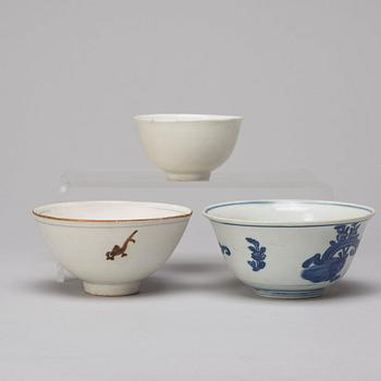 A group of three blue and white bowls, Ming dynasty (1368-1644).