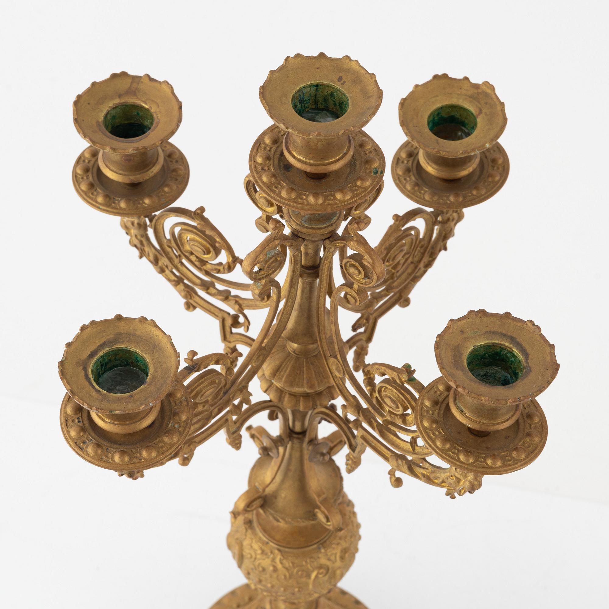 Kandelabrar, ett par, för fem ljus, 1800-talets andra hälft.