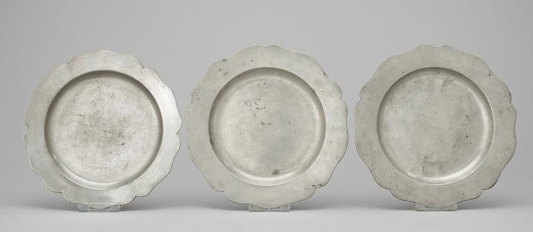 Three Swedish pewter plates, from the 1750s.