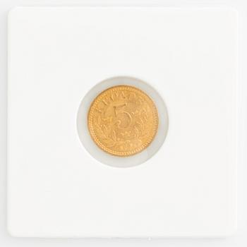 Oscar II, guldmynt,  10 kronor samt 5 kronor 1874 och 1901.