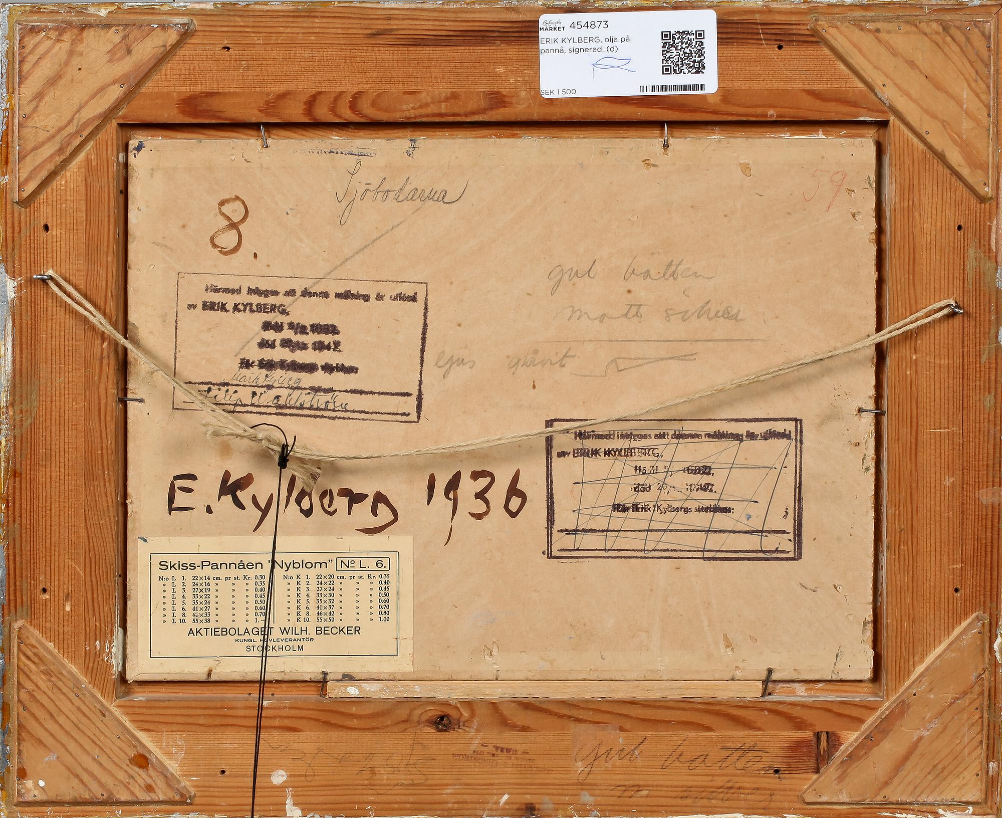 454873. ERIK KYLBERG, olja på pannå, signerad och daterad 1936 á tergo.