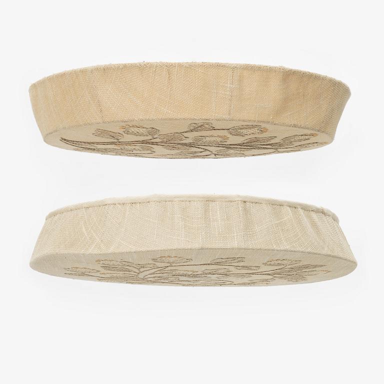 Two similar textile covered Swedish Modern ceiling lamps, Sweden, 1940's.