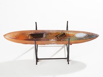 A Bertil Vallien sand-casted glass boat, Kosta Boda 1987, Sweden.