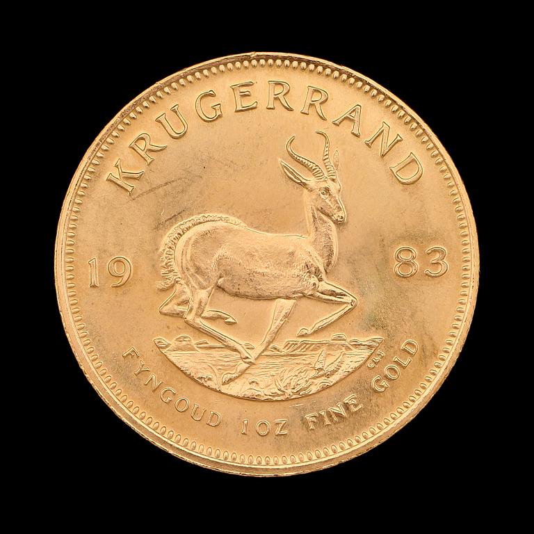 GULDMYNT, finguld, Krugerrand, Sydafrika, 1983. Vikt ca 34 g.