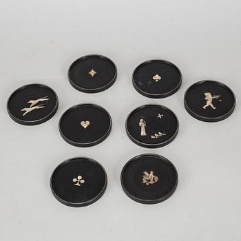 COASTERS, 8 st, silver och bakelit, Perstorp, 1950-tal.