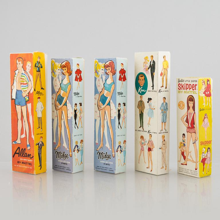 Barbiedockor, 5 st, bl a "Midge", "Skipper" & "Ken", Mattel, 1960-tal.