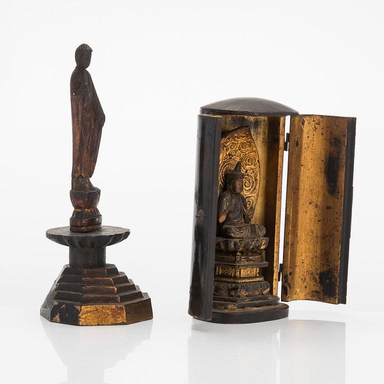 Two Japanese wooden Bodhisattva, one in zushi shrine, 19th century.