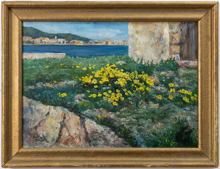 Heinz Buchholz, Beach scene with yellow flowers, San Antonio Ibiza.