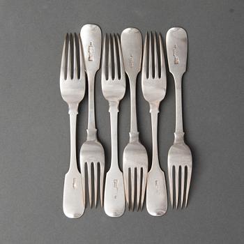 A set of six silver dinner forks, Saint Petersburg 1859-1860, C.J. Tegelsten's widow.