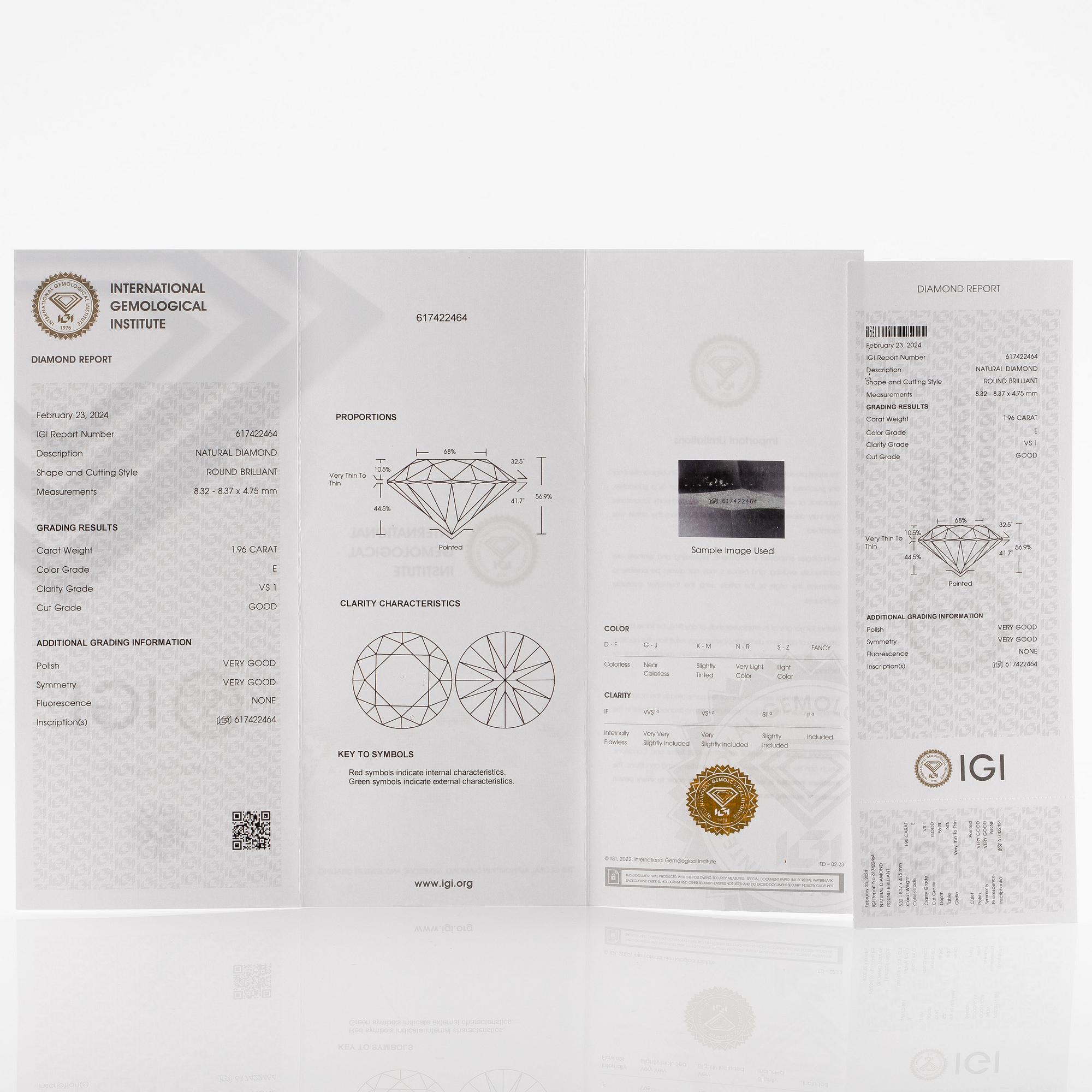 Ring, 18K vitguld med briljantslipad diamant 1.96 ct. Medföljande IGI report.