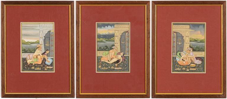 Unidentified artist, Erotic scenes in palace setting, India, 20th century. Three pieces.