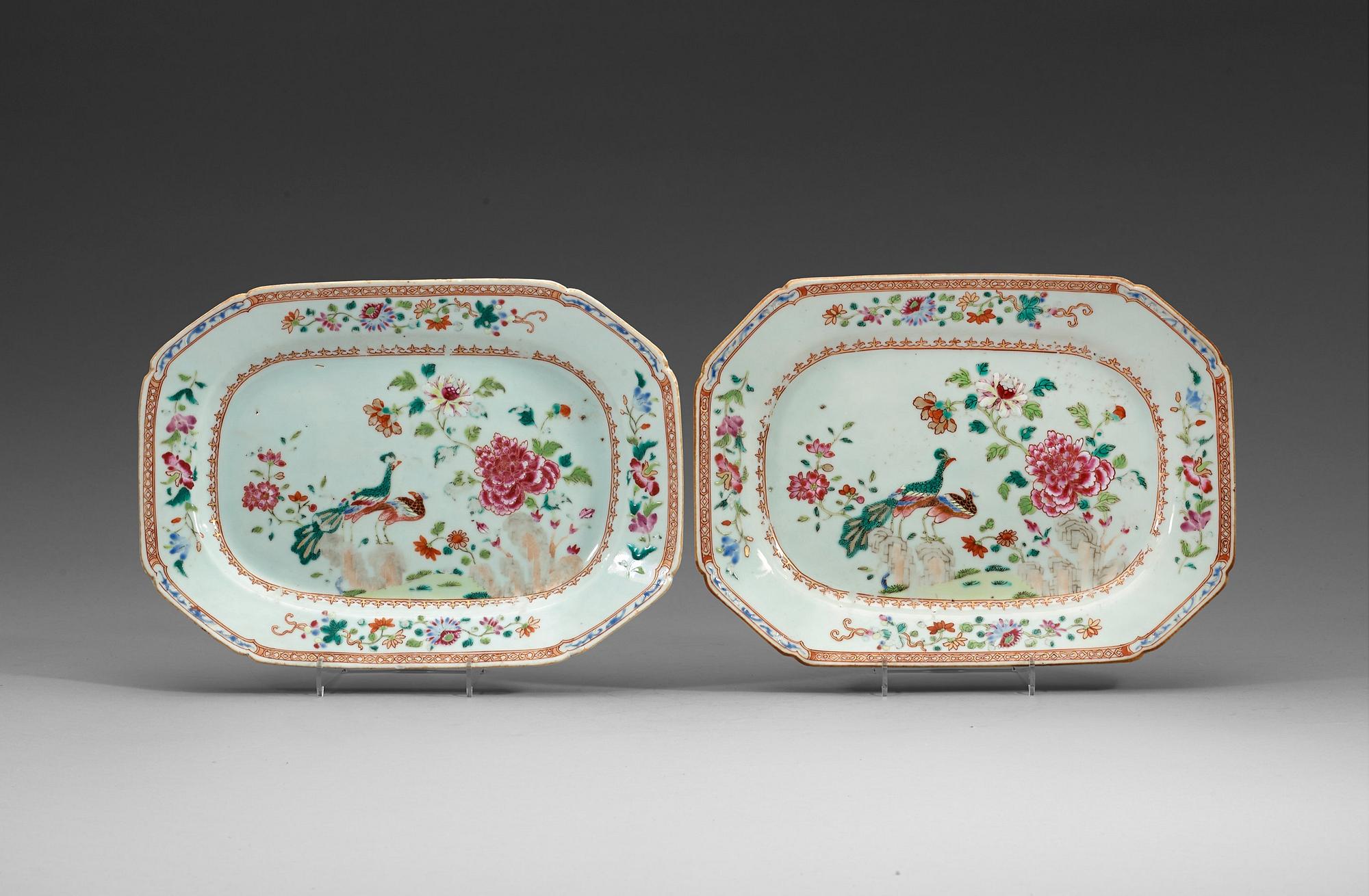 A pair of famille rose 'double peacock' serving dishes, Qing dynasty, Qianlong (1736-95).