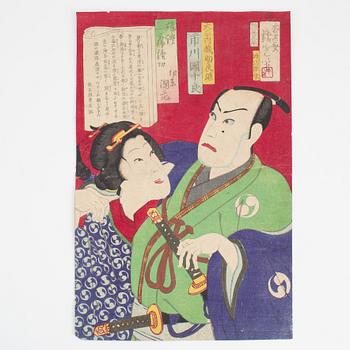 A set of three Japanese woodblock prints, including Kobayashi Ikuhide, later opart of the 19th Century.
