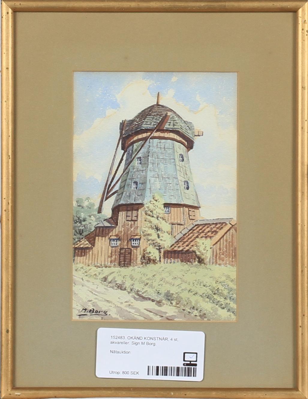 OKÄND KONSTNÄR, akvareller, 4 st. Sign M Borg.