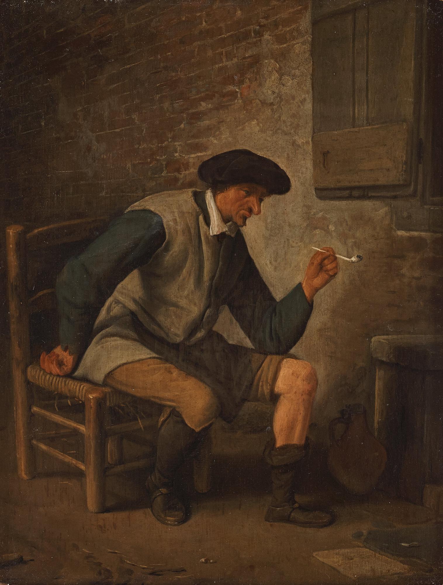 Cornelis Dusart, Interiör med kritrökande man.