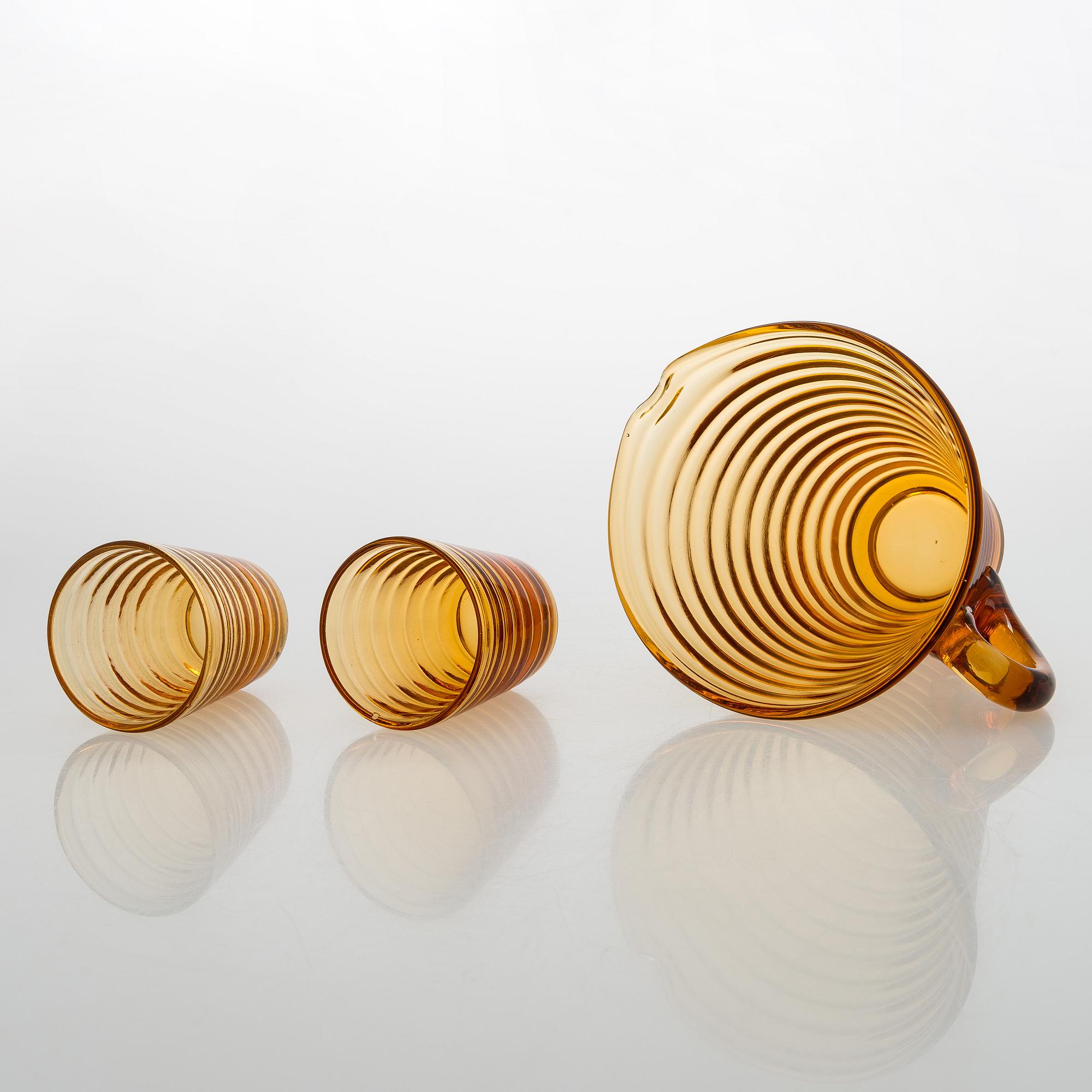 Aino Aalto, A 1930s pitcher model 4644 and two drinking glasses model 4056 for Karhula for Karhula Glassworks, Finland.