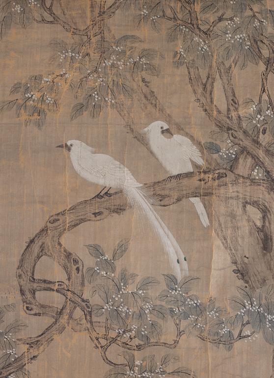 A hanging scroll of birds in a flowering garden. Qing dynasty, presumably 19th Century.