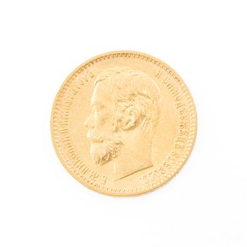Gold coin, Nicholas II, Russia, 5 Rubles, 1898.