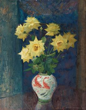 Olle Hjortzberg, Still life with yellow roses in a chinese urn.