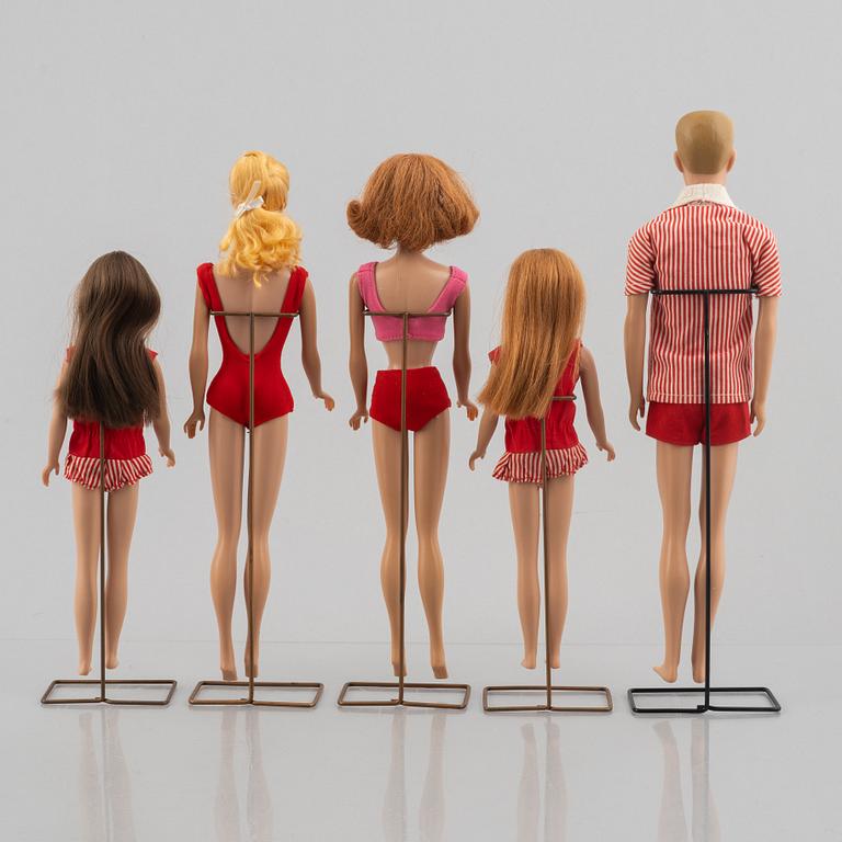 Barbie dolls, 5 pcs, including "Barbie Swirl Ponytail Blonde" & "Skipper Red Hair", Mattel, 1960s.