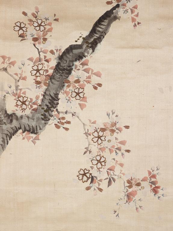 Two Chinese and Japanese hanging scrolls, ink and colour on silk and paper, 20th century.