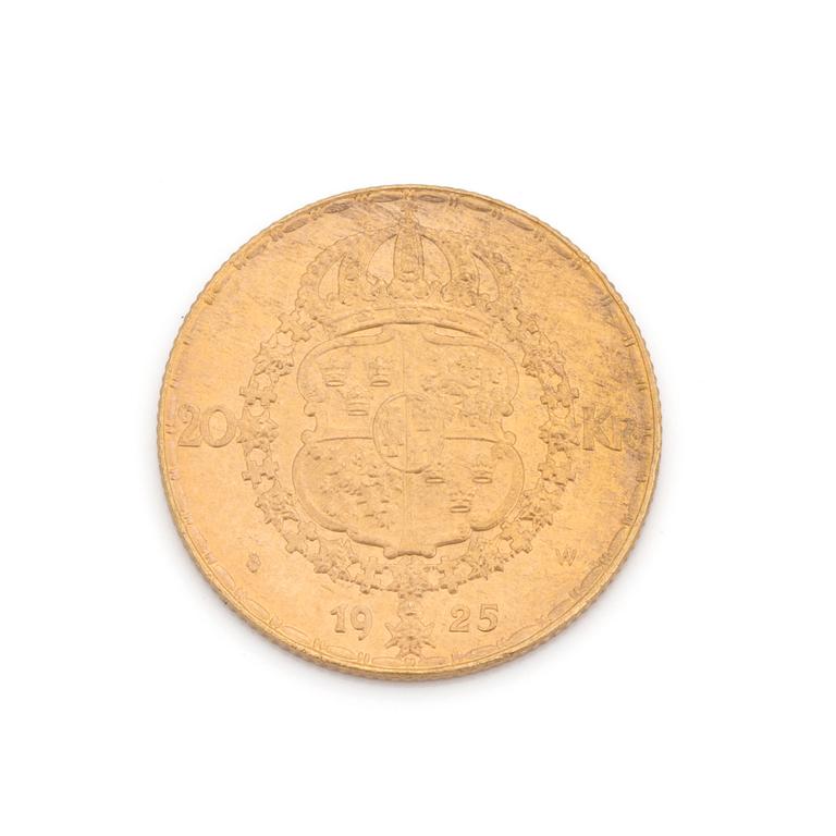 An old swedish coin in gold, 20 kronor, Gustaf V, from 1925. 9 gram.