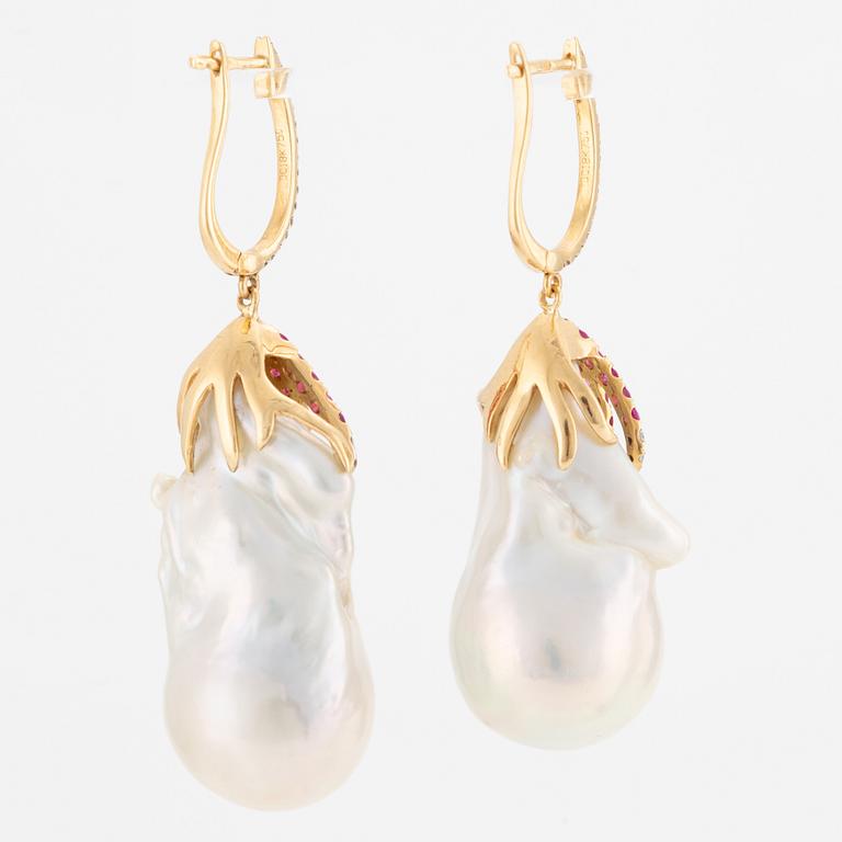 Earrings, 18K gold with cultured baroque pearls, brilliant-cut diamonds, and rubies.