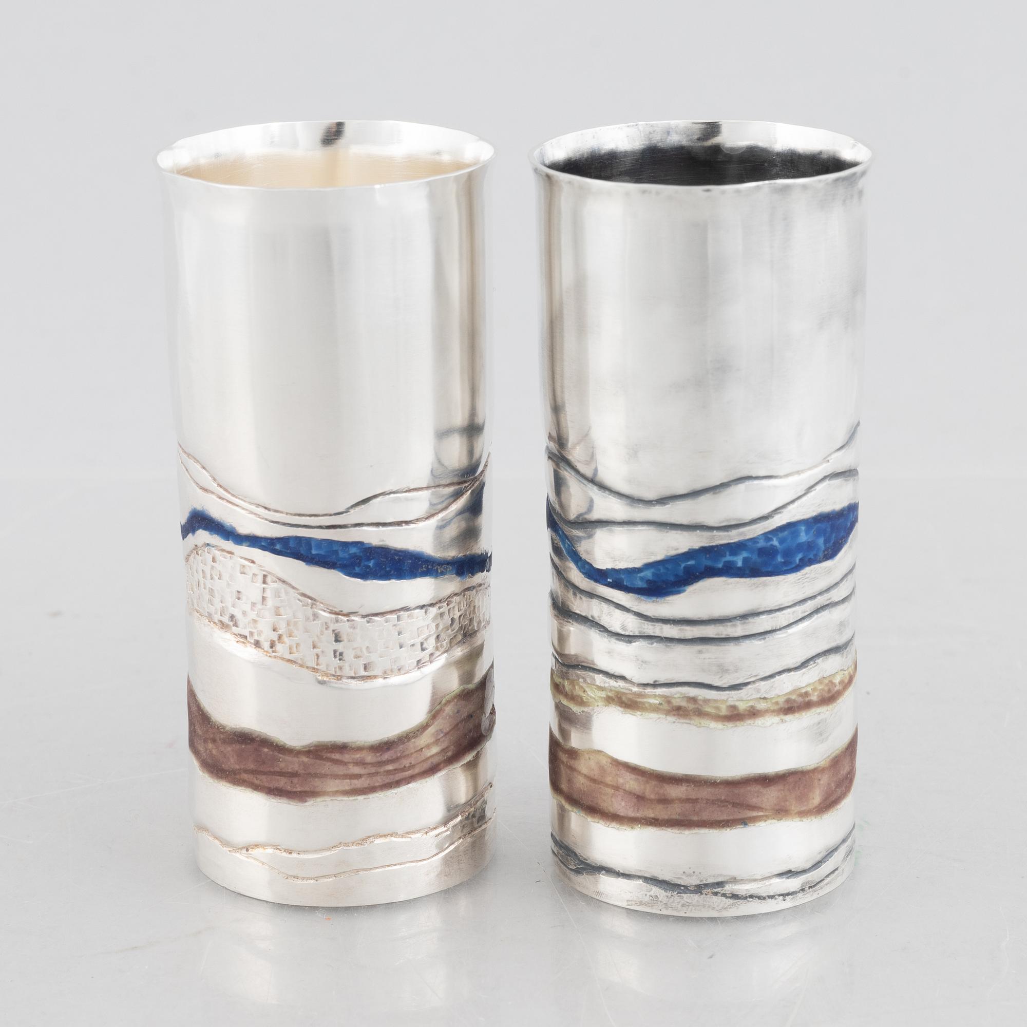 Two sterling silver and enamel beakers/vases, mark of Lars Arby, Gothenburg, Sweden 1982.