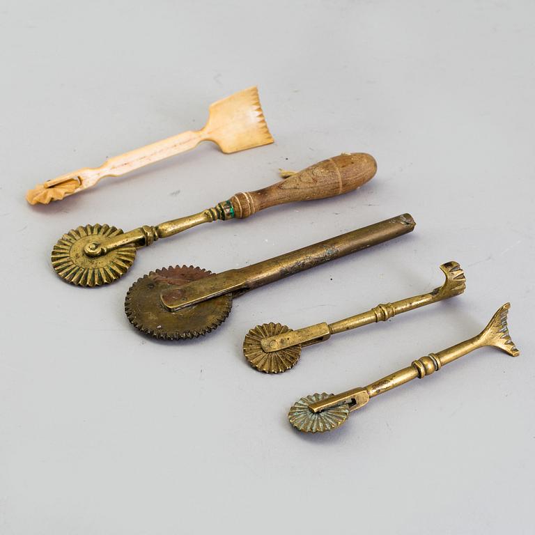 FIVE BAKING UTENSILS, bronze, bone and wood, 18th century.