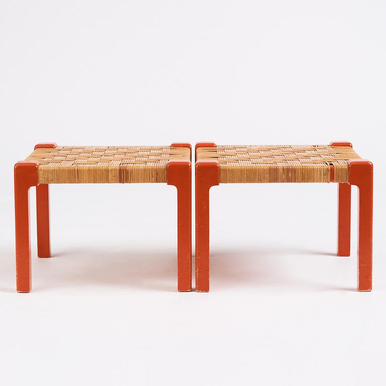 Josef Frank, a pair of lacquered coral red stools, 'model 2235', Svenskt Tenn, Stockholm 1950-60s.