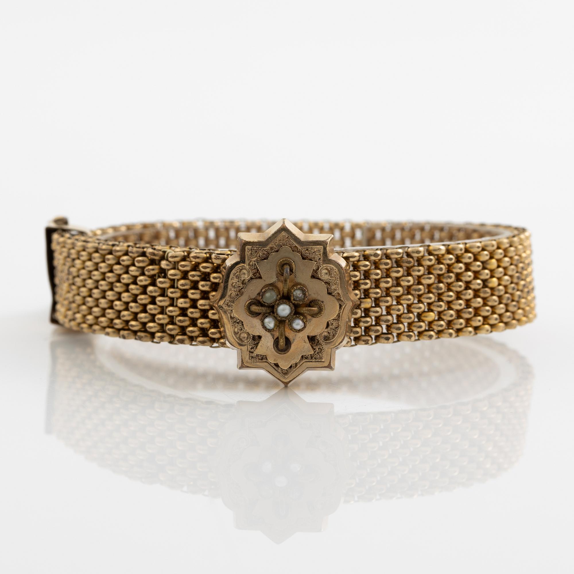 Bracelet and pendant/brooch, gilded possibly silver, with pearls 19th century.