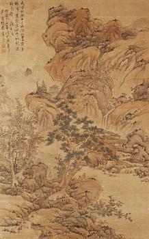 A hanging scroll of a landscape with figures in the style of Lan Ying (1586-1666), Qing dynasty, 19th century.