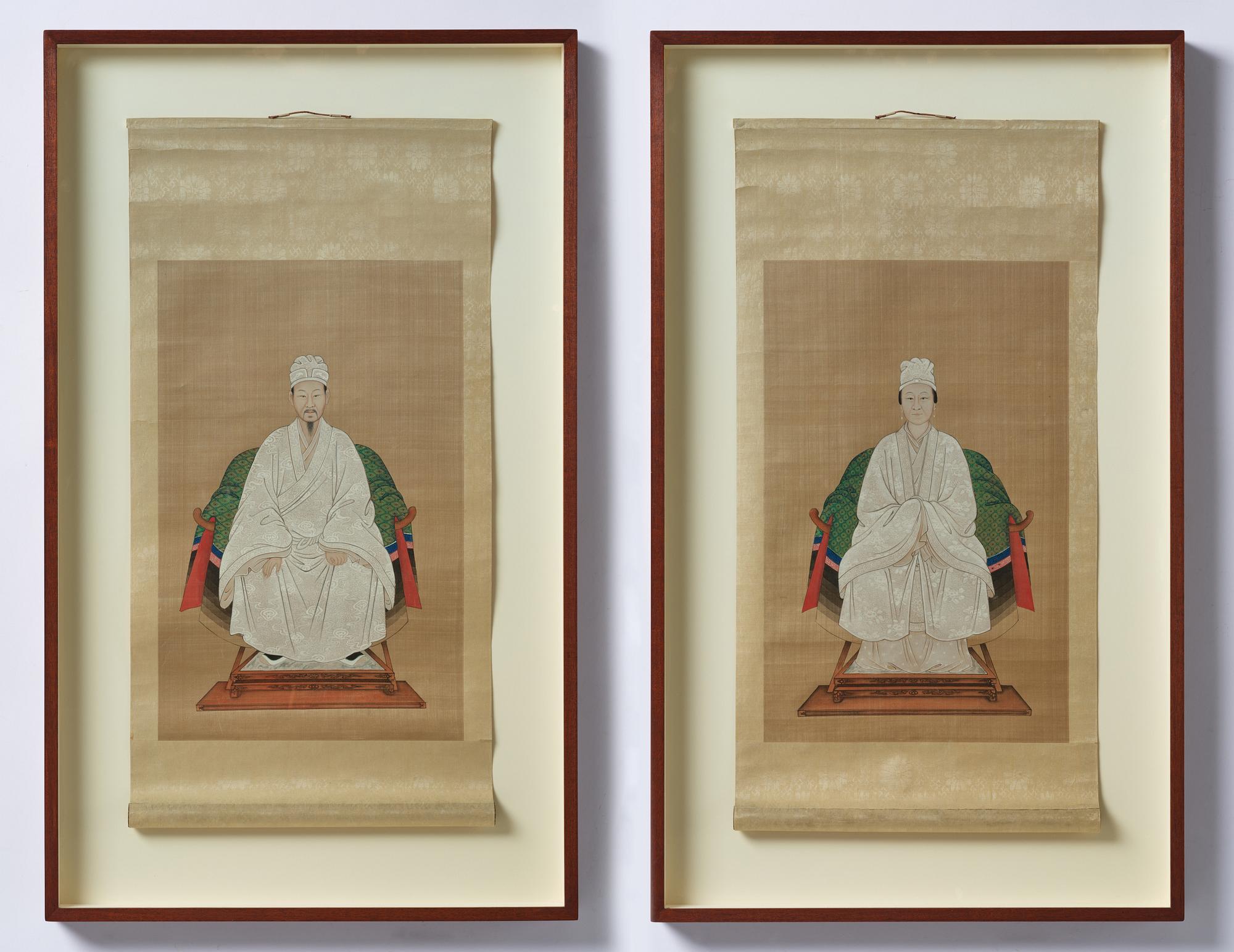 A pair of Thai ancestors portraits, around 1900.