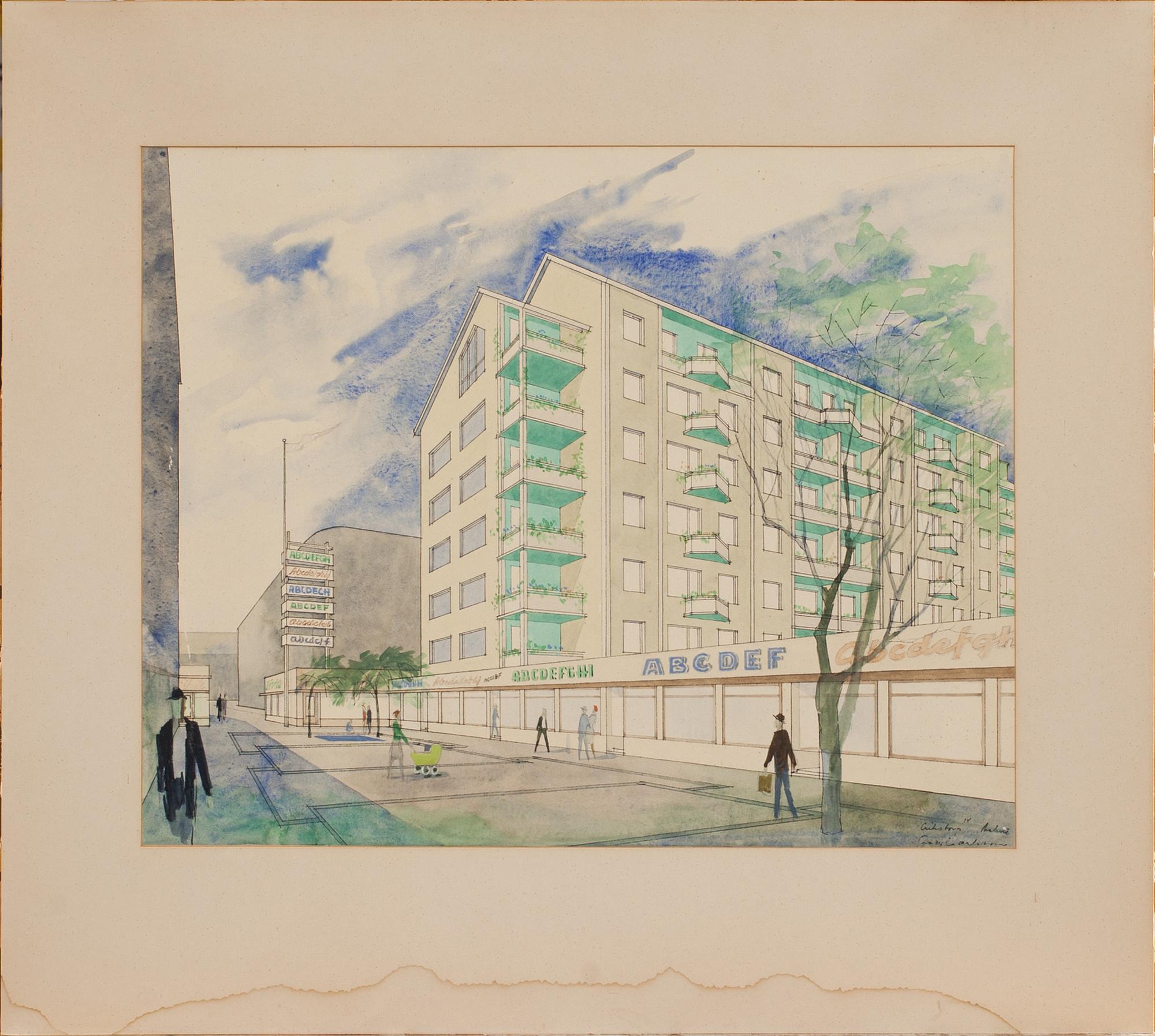 OKÄND KONSTNÄR, arkitekturskiss, signerad.