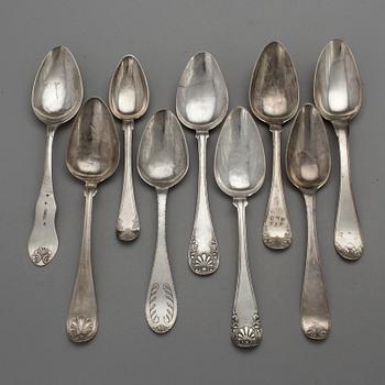 NINE 19TH CENTURY SILVER TABLE SPOONS.