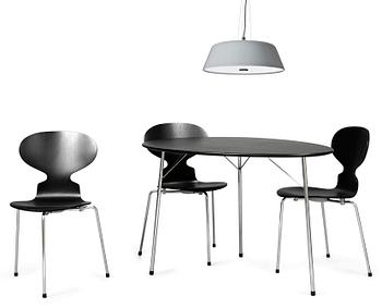 761. An Arne Jacobsen "Centenary Package" comprising three "Ant Chairs" an eggshaped table and a "Stelling" ceiling lamp by Louis Poulsen, the set was made in 2002 to conmemorate the centenary since the birth of Arne Jacobsen.