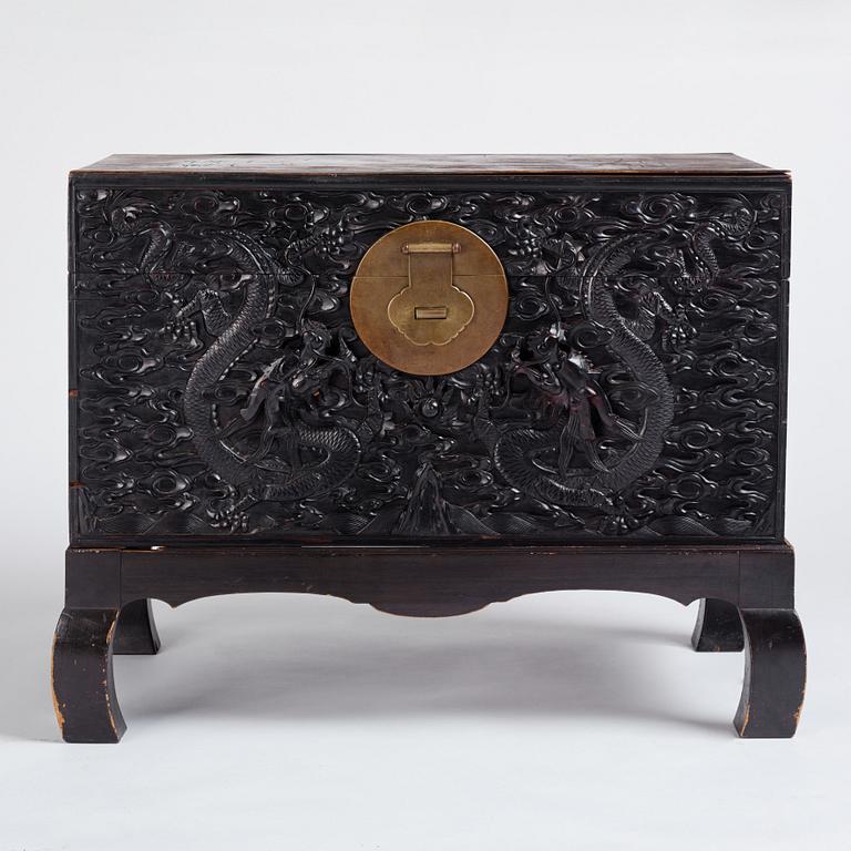 A massive 'five clawed dragon' hardwood storage chest, Qing dynasty, 19th century.