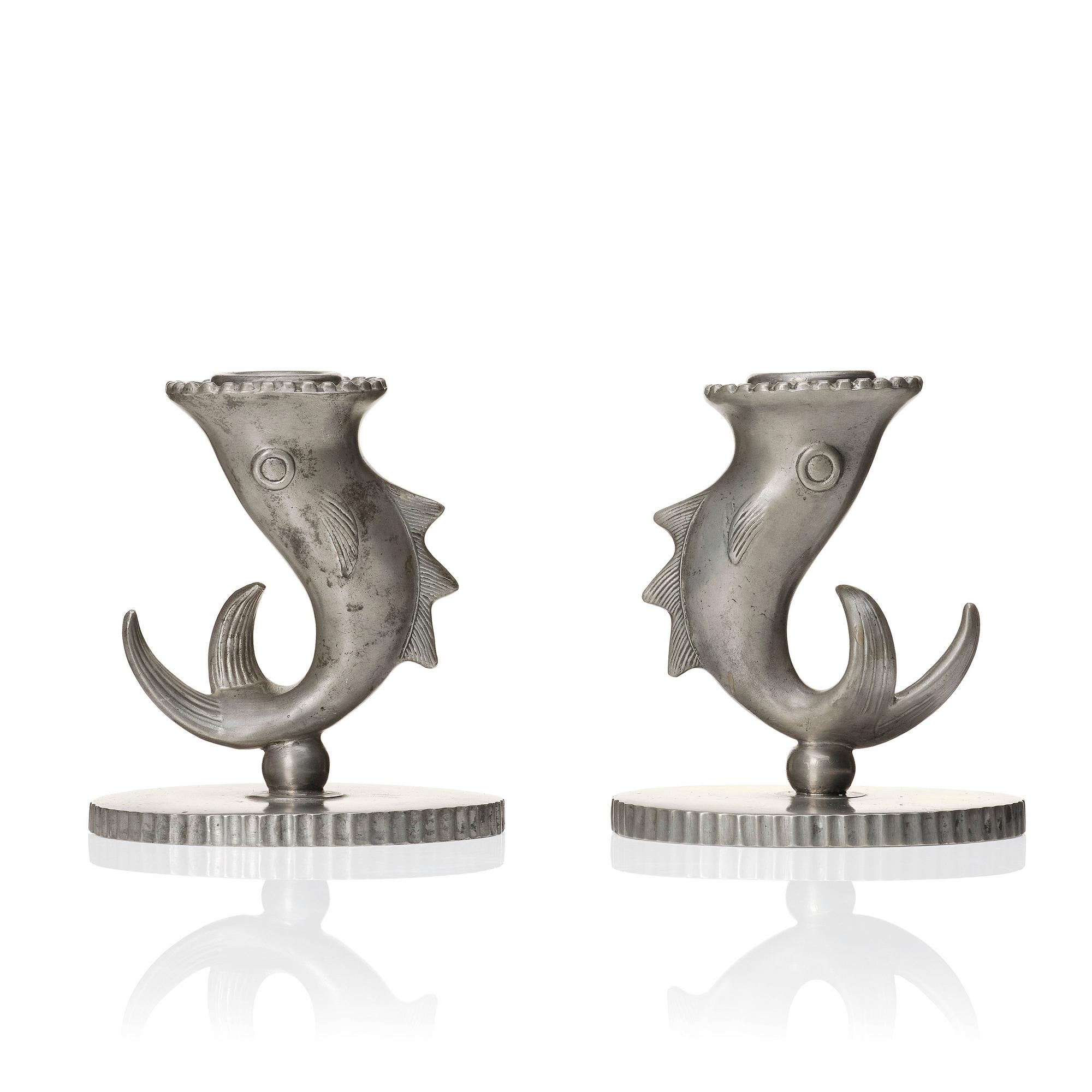 Carl Milles, two pewter candlesticks, Herman Bergman AB, Stockholm 1927 and 1930.