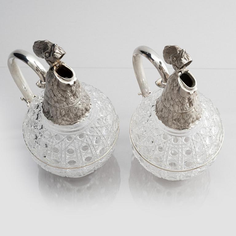 A pair of silver and cut-glass decanters, mark of Gratchev company, St. Petersburg 1908-1917.