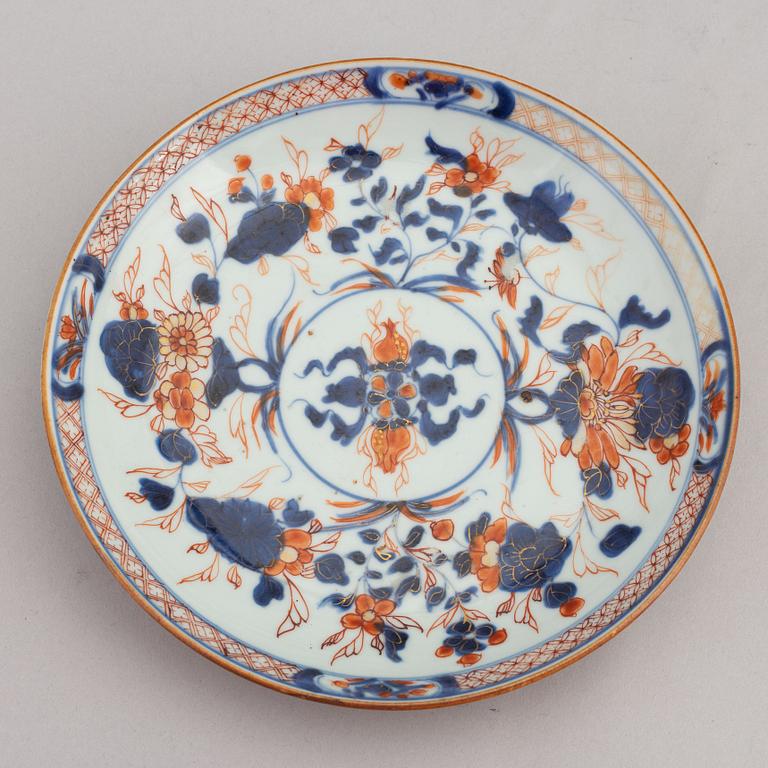 A blue and white hot water dish and a salt, an imari dish, Qing dynasty, 18th Century.