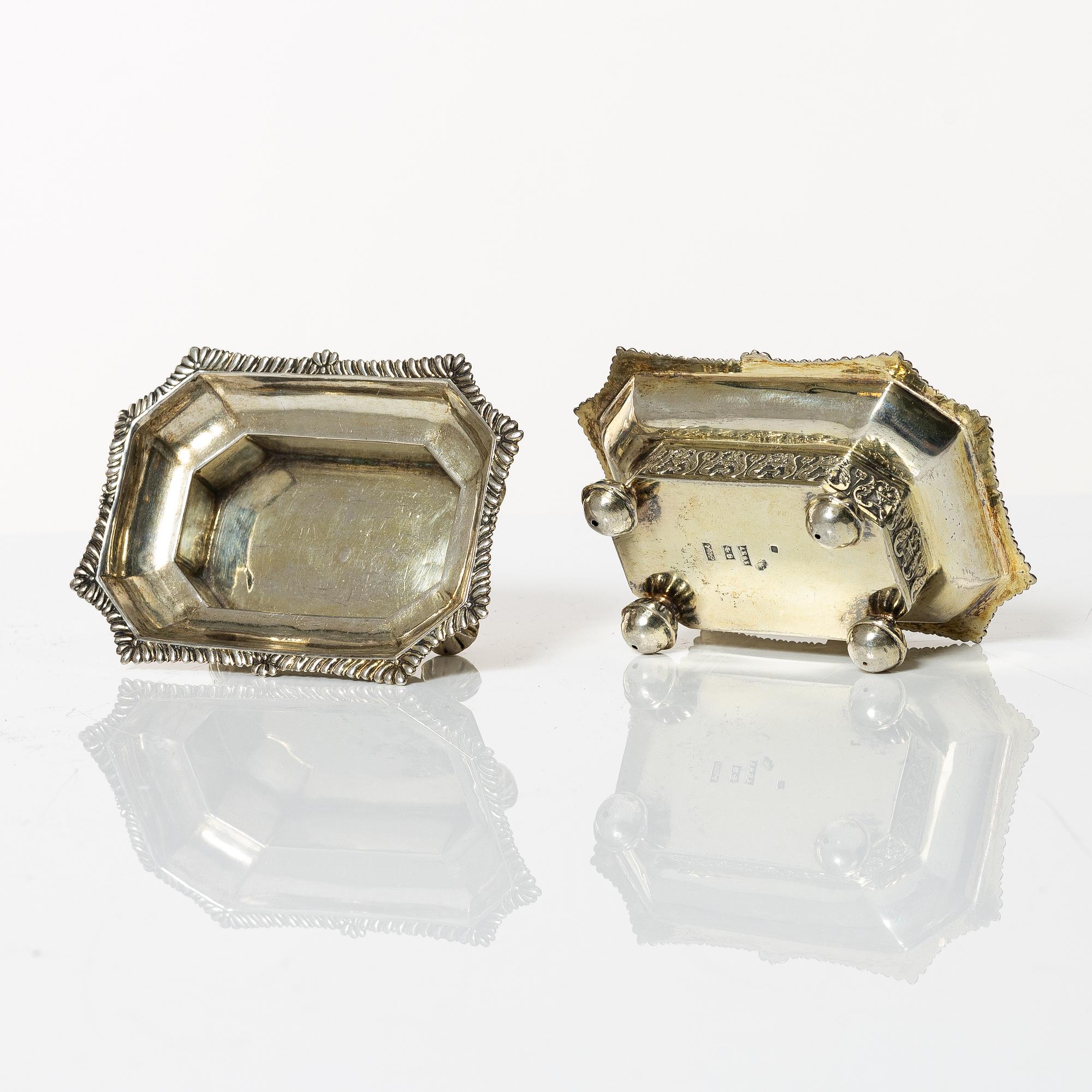 A pair of empire silver salt cellars, 1837.