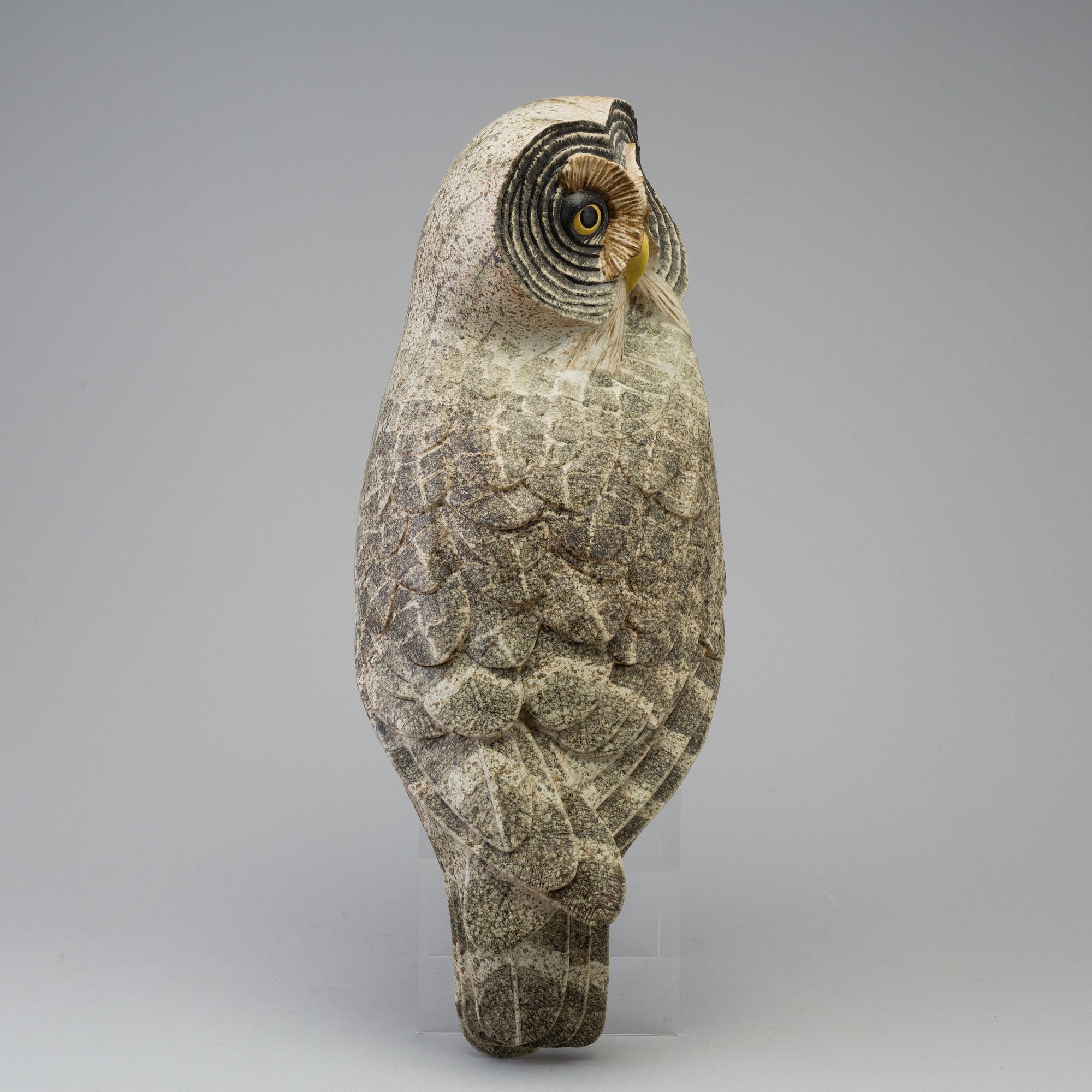 PAUL HOFF, a stoneware sculpture of a "Strix Nebulosa" owl, no 377, Gustavsberg studio, Sweden 1986.