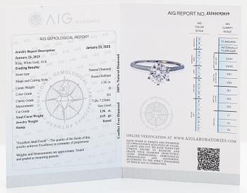 Ring, 14K vitguld och diamant ca 1.56 ct. AIG-certifikat.