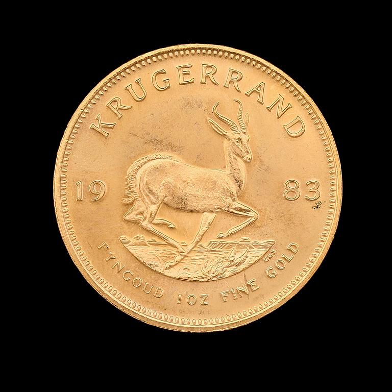 GULDMYNT, finguld, Krugerrand, Sydafrika, 1983. Vikt ca 34 g.