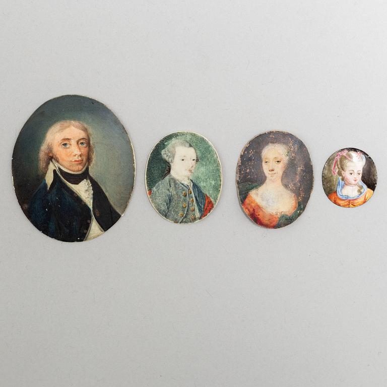 MINIATURES, 4, 18th Century. Gouache on bone, enamel on metal.