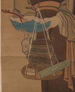 RULLMÅLNING, dam och tjänarinna med en våg, i Qiu Yings stil (c. 1494-1551), sen Qingdynastin (1644-1912).