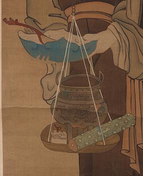 A hanging scroll of a lady and maid with a scaler, in the style of Qiu Ying (c 1494-1551) late Qing dynasty (1644-1912).