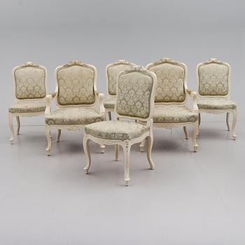 KARMSTOLAR OCH STOLAR, 6 st, rokokostil, 1900-talets första hälft.